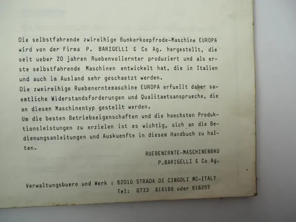 Barigelli Bifila Europa Rübenernter Betriebsanleitung Wartung 1981