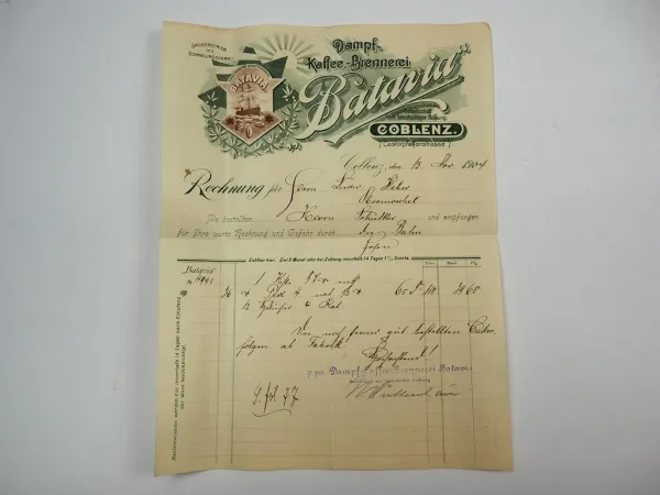 Batavia Dampf Kaffee Brennerei Coblenz Koblenz Rechnung 15.Nov. 1904