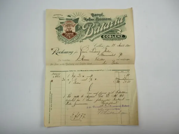 Batavia Dampf Kaffee Brennerei Coblenz Koblenz Rechnung 17.März 1905