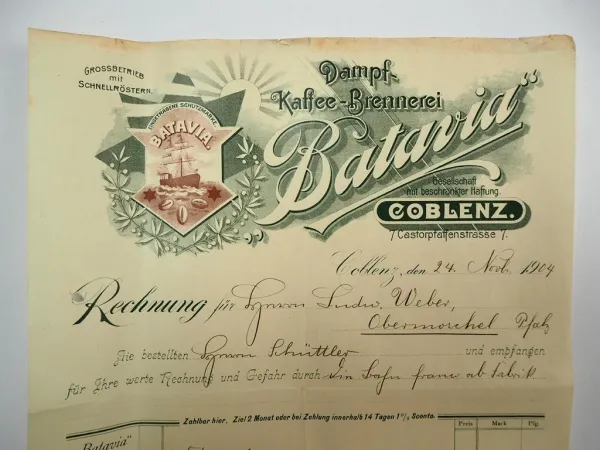 Batavia Dampf Kaffee Brennerei Coblenz Koblenz Rechnung 24.Nov. 1904