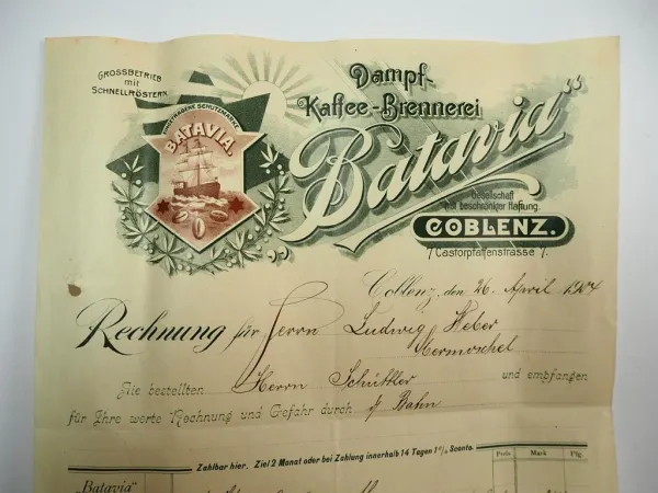 Batavia Dampf Kaffee Brennerei Coblenz Koblenz Rechnung 26.April 1904