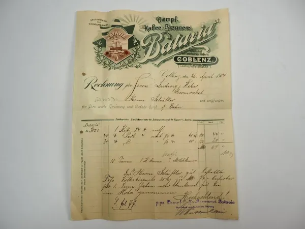 Batavia Dampf Kaffee Brennerei Coblenz Koblenz Rechnung 26.April 1904