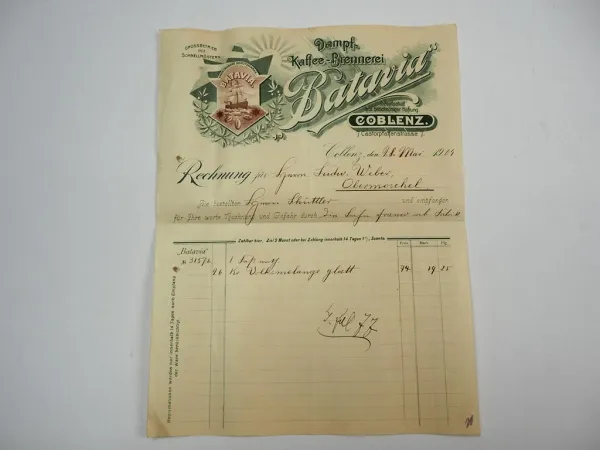 Batavia Dampf Kaffee Brennerei Coblenz Koblenz Rechnung 28.Mai 1904