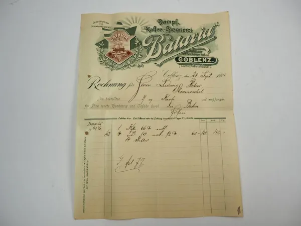 Batavia Dampf Kaffee Brennerei Coblenz Koblenz Rechnung 28.Sept. 1904