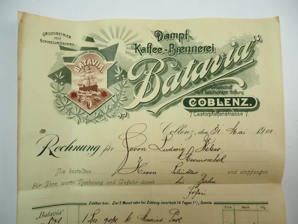 Batavia Dampf Kaffee Brennerei Coblenz Koblenz Rechnung 31.Mai 1905