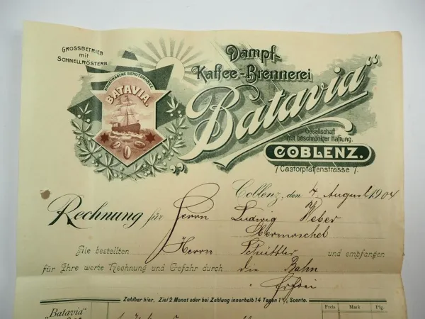 Batavia Dampf Kaffee Brennerei Coblenz Koblenz Rechnung 4.August 1904