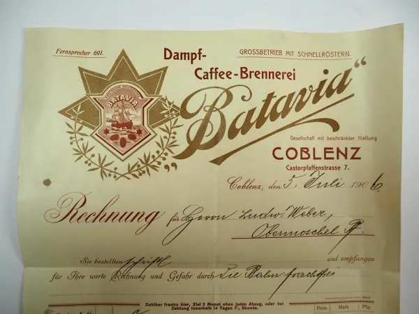 Batavia Dampf Kaffee Brennerei Coblenz Koblenz Rechnung 5.Juli 1906