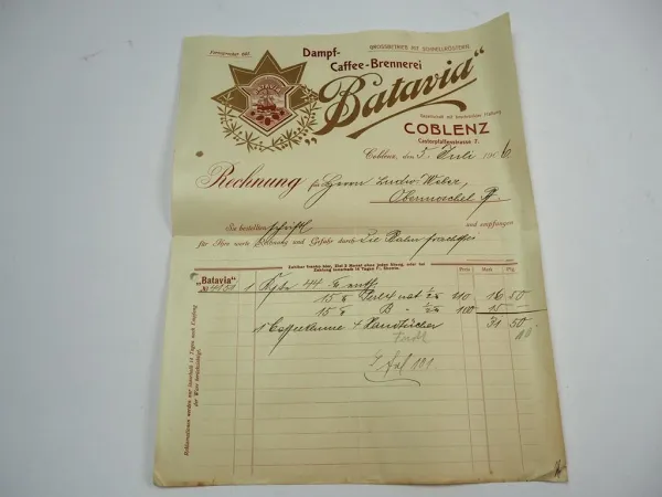 Batavia Dampf Kaffee Brennerei Coblenz Koblenz Rechnung 5.Juli 1906