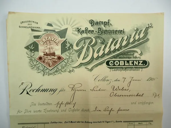 Batavia Dampf Kaffee Brennerei Coblenz Koblenz Rechnung 7.Juni 1905