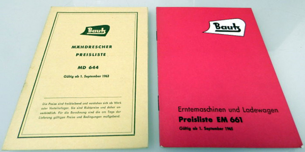 Bautz Erntemaschinen Mähdrescher 2 Preislisten EM661 MD644 1963/65