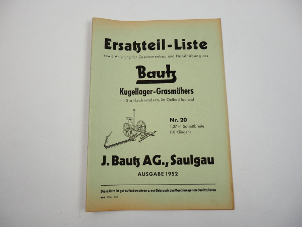 Bautz Kugellager Grasmäher Nr.20 Bedienungsanleitung Ersatzteilliste 1952