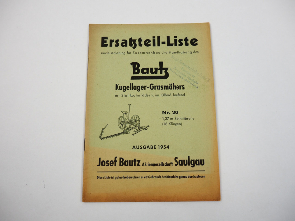 Bautz Kugellager Grasmäher Nr.20 Bedienungsanleitung Ersatzteilliste 1954