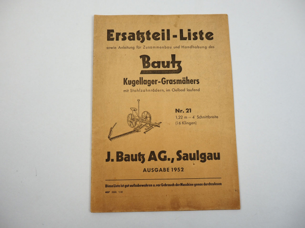 Bautz Kugellager Grasmäher Nr.21 Bedienungsanleitung Ersatzteilliste 1952