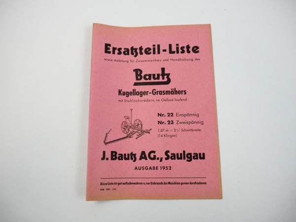 Bautz Kugellager Grasmäher Nr.22 Nr.23 Bedienungsanleitung Ersatzteilliste 1952