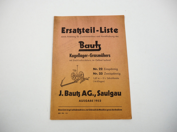 Bautz Kugellager Grasmäher Nr.22 Nr.23 Betriebsanleitung Ersatzteilliste 1952