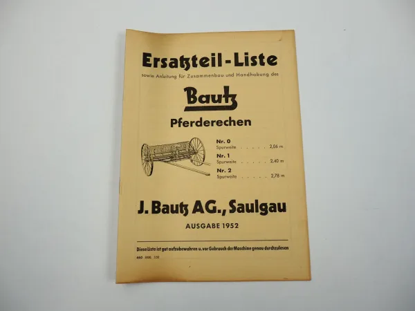 Bautz Pferderechen Nr.0 Nr.1 Nr.2 Ersatzteilliste Bedienungsanleitung 1952