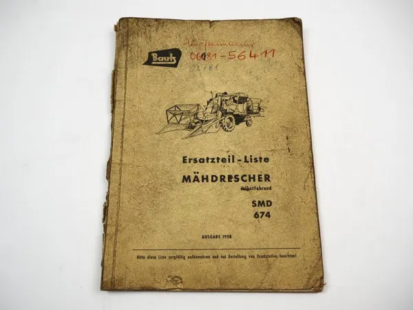 Bautz SMD 674 Mähdrescher Ersatzteilliste Ersatzteilkatalog 1958