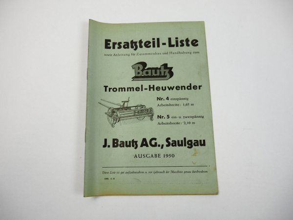 Bautz Trommel Heuwender Nr.4 Nr.5 Ersatzteilliste Bedienungsanleitung 1950