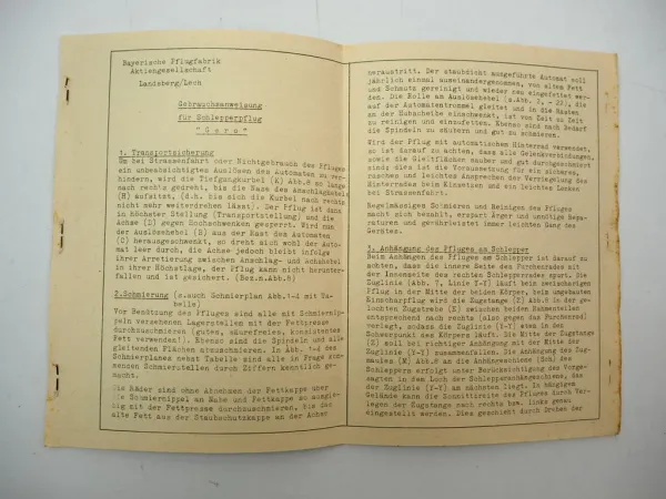 Bayerische Pflugfabrik Pflug Gero Betriebsanleitung & Ersatzteilliste Landsberg