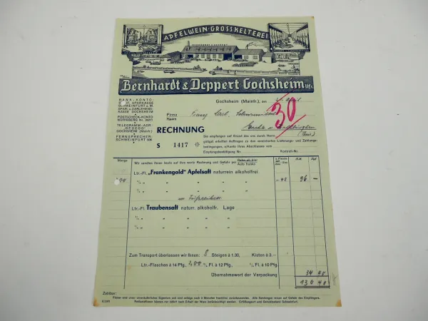 Bernhardt & Deppert Gochsheim Unterfranken Apfelwein Kelterei Rechnung 1940er J.