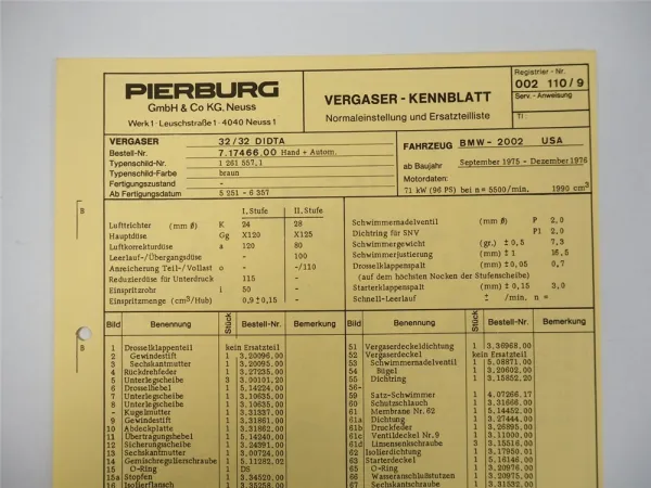 BMW 2002 USA Pierburg Vergaser 32DIDTA Kennblatt Ersatzteilliste BJ 1975