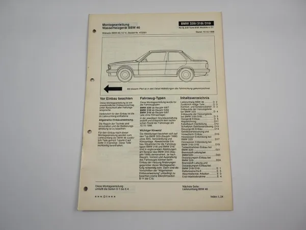 BMW 316i 318i 320i Einbauanleitung Webasto BBW 46 12V Heizung