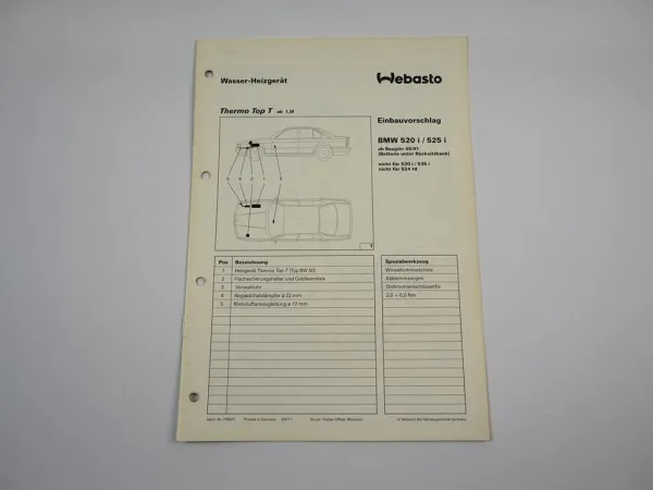 BMW 520i 525i Einbauanleitung Webasto Thermo Top T BW50 Heizung