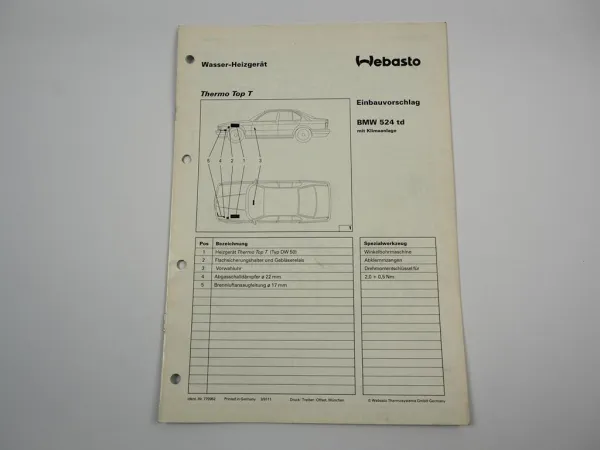 BMW 524 td Einbauanleitung Webasto Thermo Top T DW50 Heizung