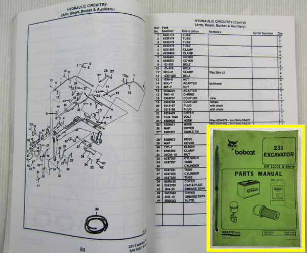 Bobcat 231 Excavator Parts book Parts Manual Spare Parts LIst 1995