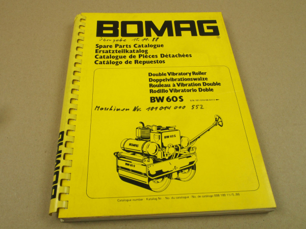 Bomag BW60S Doppel Vibrationswalze Ersatzteilkatalog Ersatzteilliste 5/1986