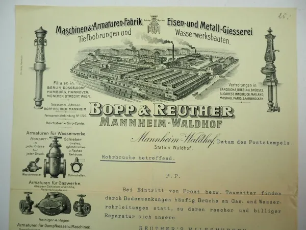 Bopp & Reuther Mannheim Waldhof Hilfsmuffen Armaturen Pumpen Brief ca 1905