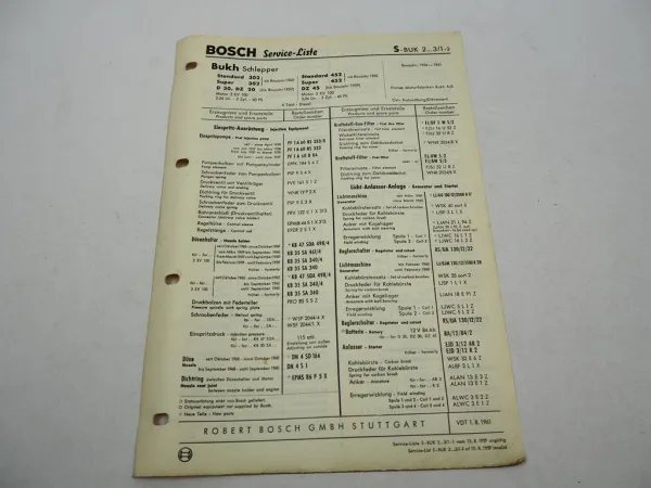 Bosch Service-Liste für Bukh Standard Super 302 452 D30 DZ 30 45 Schlepper 56-61