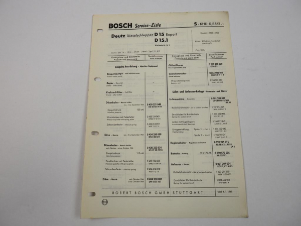 Bosch Service Liste für Deutz D15 Export D15.1 Schlepper 1963 - 1965