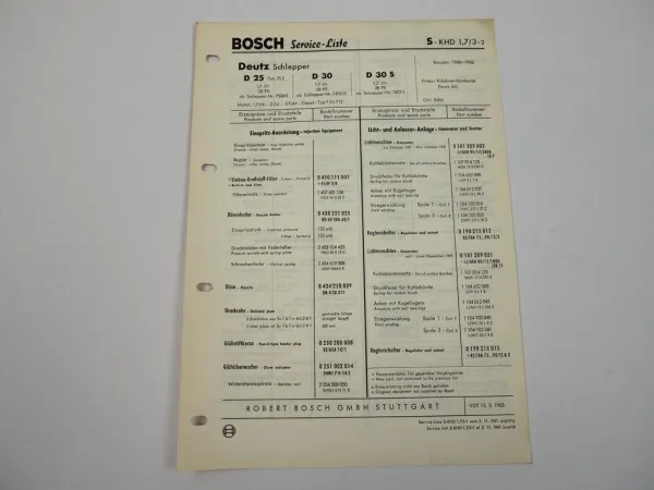 Bosch Service Liste für Deutz D25 D30 D30S Schlepper 1960 - 1963