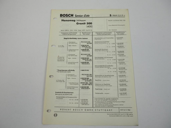 Bosch Service Liste für Hanomag Granit 500 Schlepper 1962 - 1964