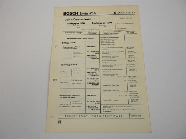 Bosch Service Liste für John Deere Lanz 500 Schlepper 1010 Laderaupe 1965
