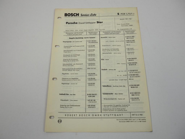 Bosch Service Liste für Porsche Star Dieselschlepper 1961 - 1963