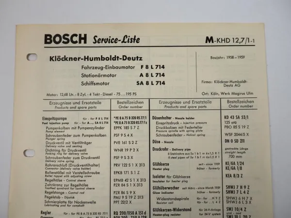 Bosch Service Listen für Deutz Motoren 514 614 714 von 1959/63