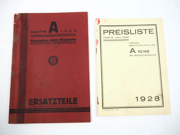 Brennabor AL AK 10/45 PS Motorwagen Ersatzteilliste Preisliste 1928