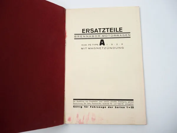Brennabor AL AK 10/45 PS Motorwagen Ersatzteilliste Preisliste 1928