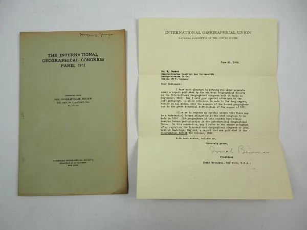 Brief Autograph Isaiah Bowman Präsident American Geographical Society 1932