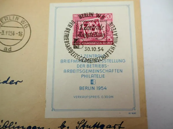 Brief DDR mit Block 10 Briefmarkenausstellung 1954 Tag der Briefmarke