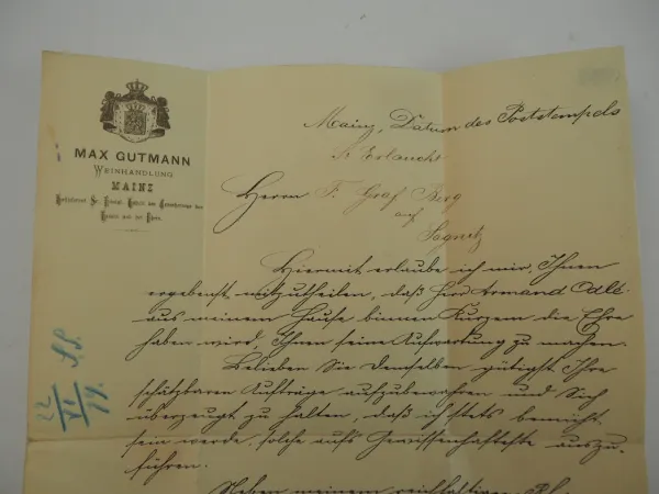 Brief Weinhändler Mainz an F. Graf Berg Schloss Sagnitz Sangaste Estland 1879
