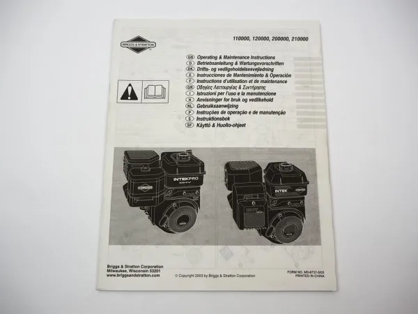 Briggs & Stratton 110000 120000 200000 210000 Motor Betriebsanleitung Operating
