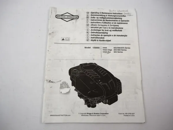 Briggs & Stratton 120000 Intek Edge Pro 825 850 875 Motor Betriebsanleitung 2007