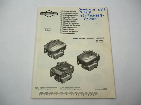 Briggs & Stratton 120000 Quantum 625 650 675 Motor Betriebsanleitung Operating