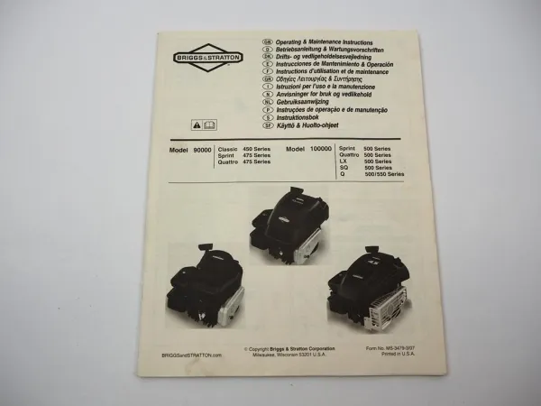 Briggs & Stratton 90000 450 475 Series 100000 500 Series Motor Betriebsanleitung