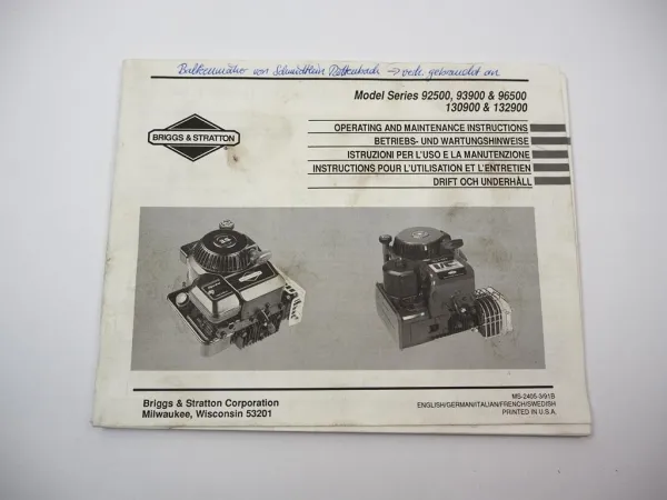 Briggs & Stratton 92500 93900 96500 130900 132900 Motor Betriebsanleitung 1991