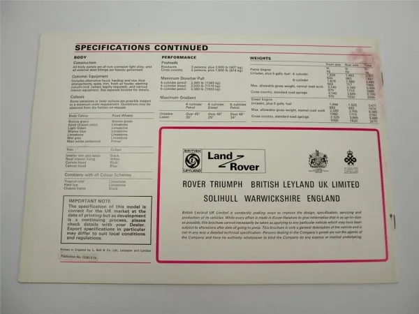 British Leyland Land Rover Serie III 109 Wheelbase Long Prospekt Brochure 1974
