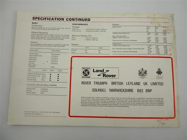 British Leyland Land Rover Serie III 88 Wheelbase Regular Prospekt Brochure 1974